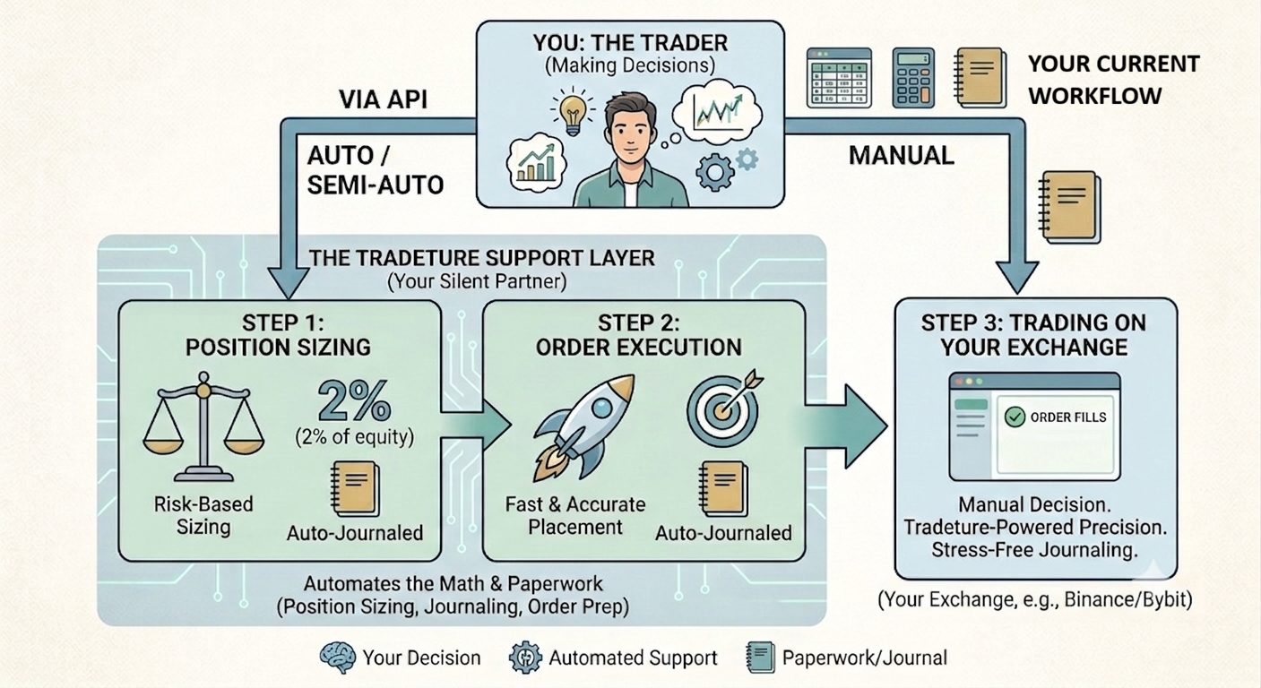 Flow diagram showing the trader's decision routed through the Tradeture support layer to the exchange, or executed manually